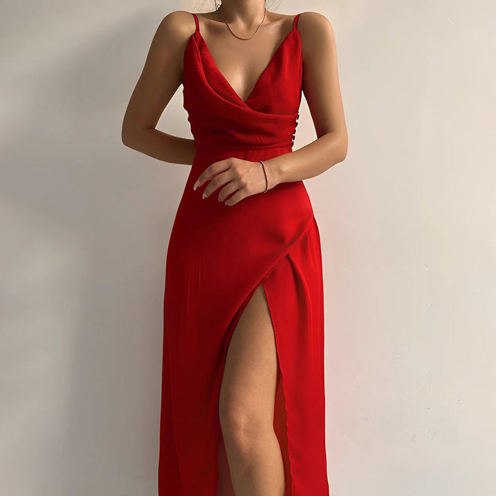 Women's floor-length maxi dress with spaghetti straps, V-neck, and high thigh slit