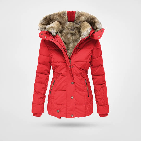 Women's hooded puffer jacket with faux fur trim and zipped pockets