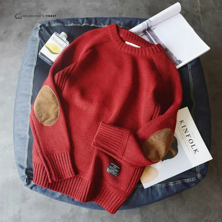 Men's crew neck jumper with ribbed trims and elbow patches