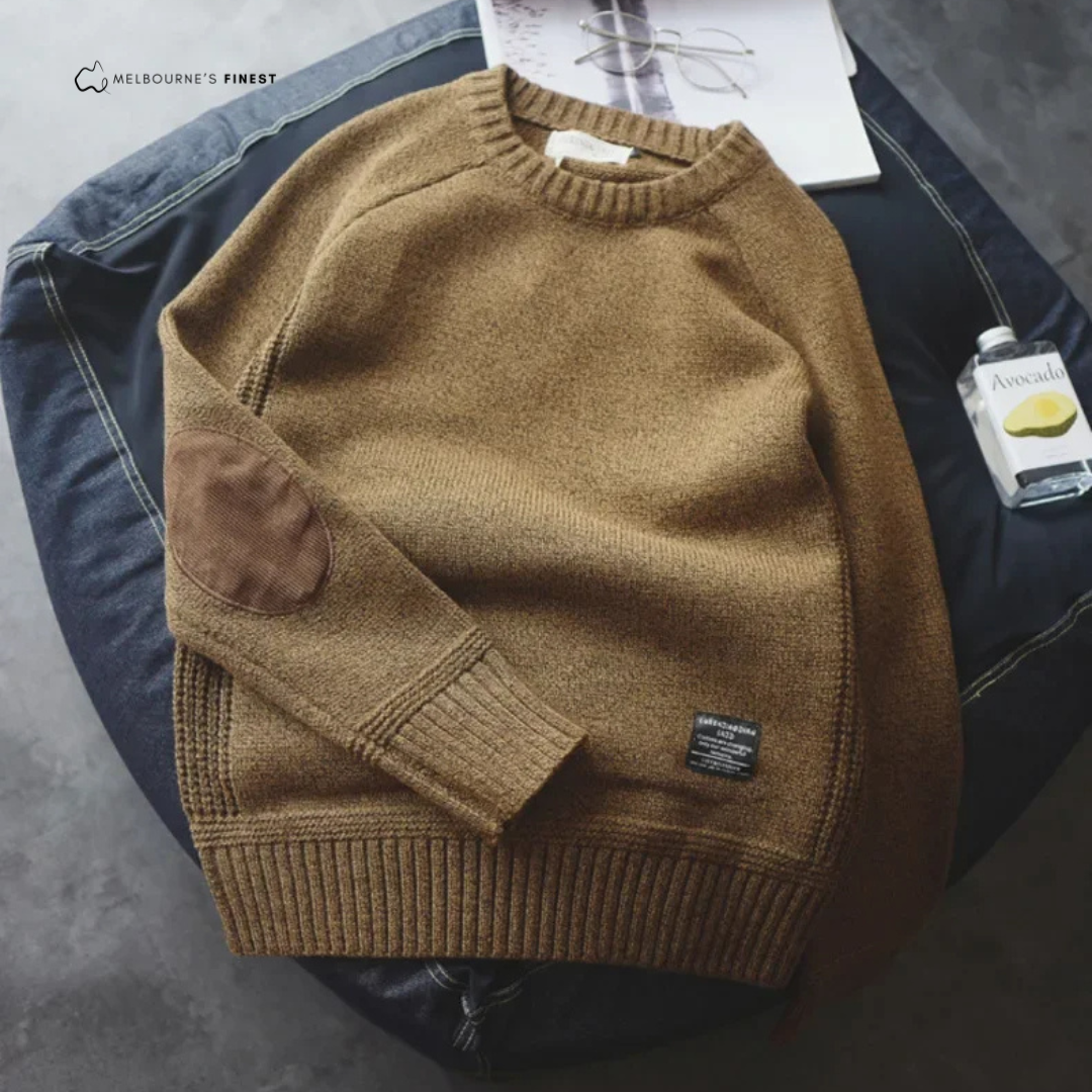 Men's crew neck jumper with ribbed trims and elbow patches