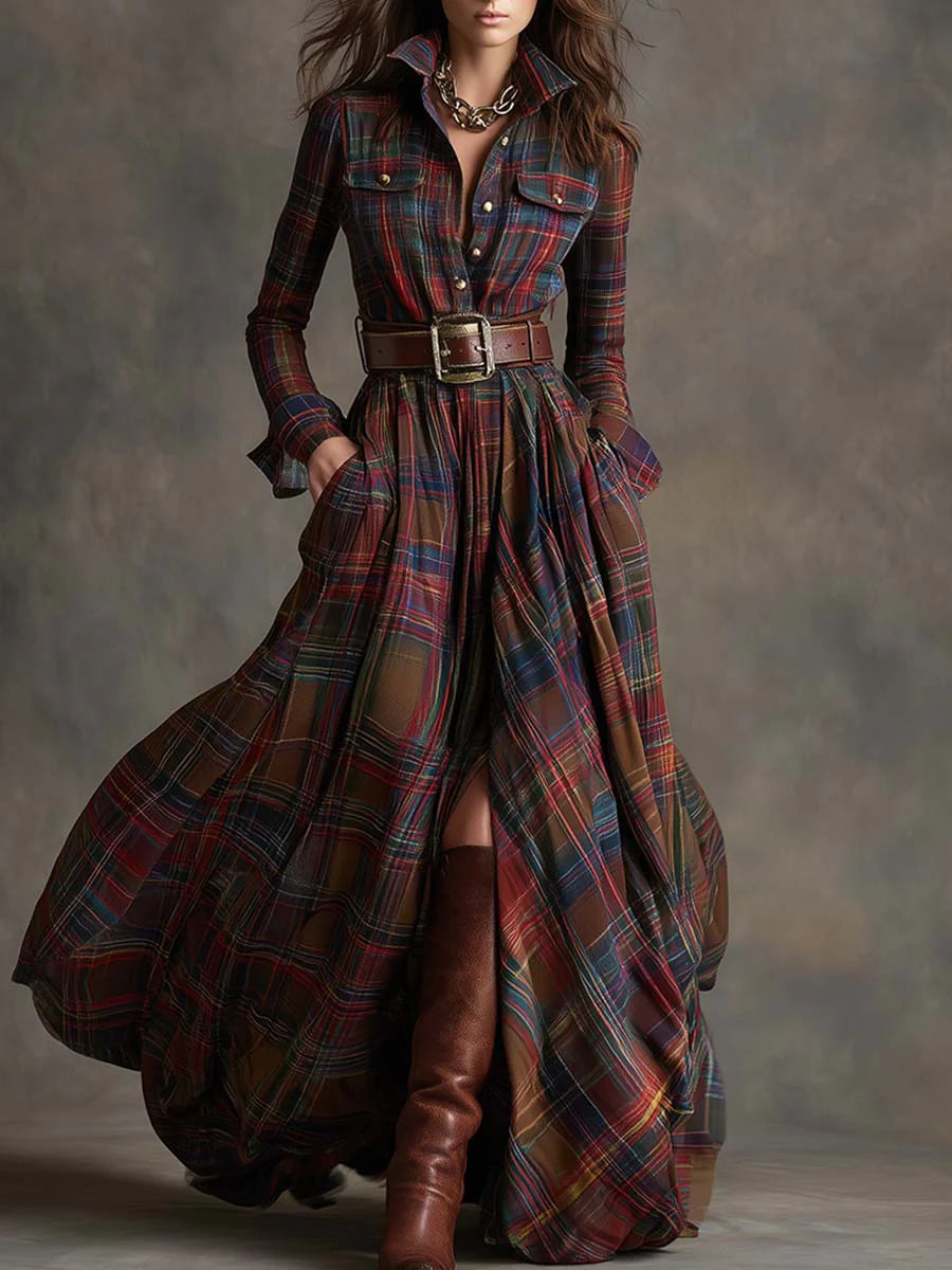 Women's plaid collared maxi dress with belt