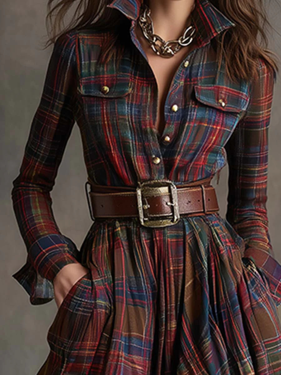 Women's plaid collared maxi dress with belt