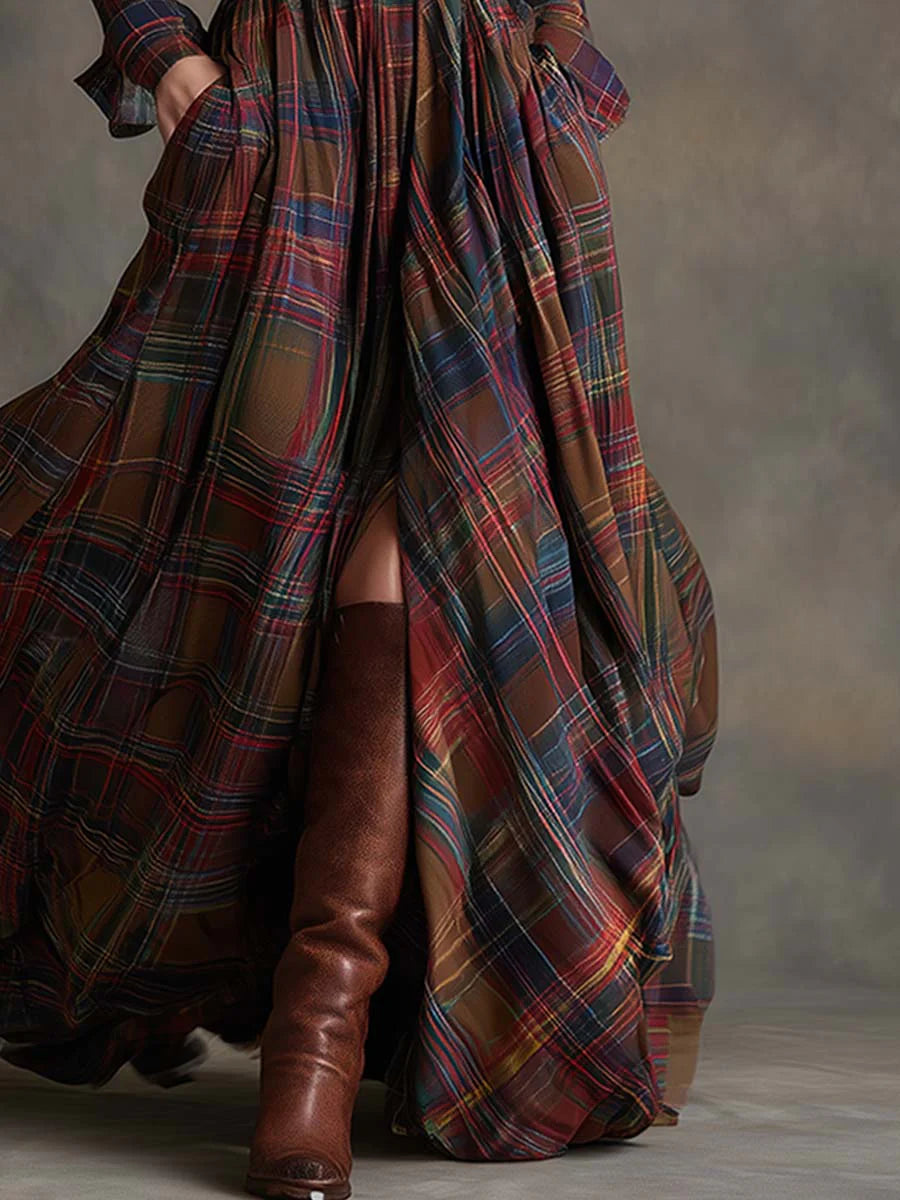 Women's plaid collared maxi dress with belt