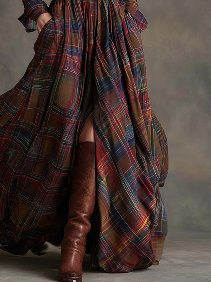 Women's plaid collared maxi dress with belt