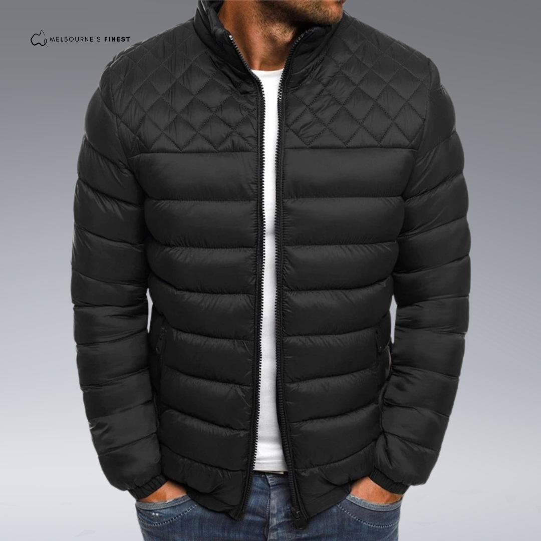 Men's quilted puffer jacket with mock neck and zip fastening