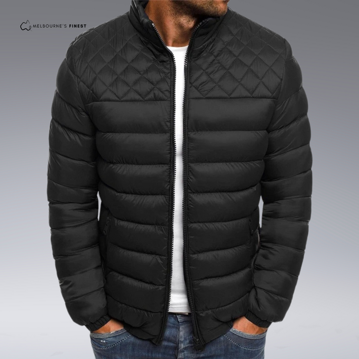 Men's quilted puffer jacket with mock neck and zip fastening