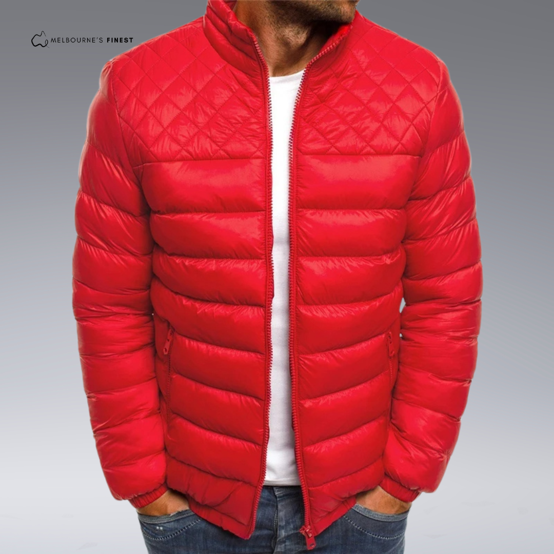 Men's quilted puffer jacket with mock neck and zip fastening
