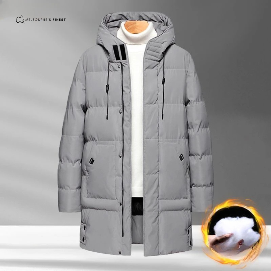 Men's longline hooded padded winter jacket with zip front and pockets