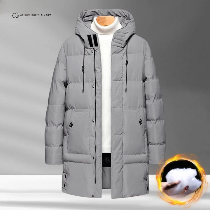 Men's longline hooded padded winter jacket with zip front and pockets