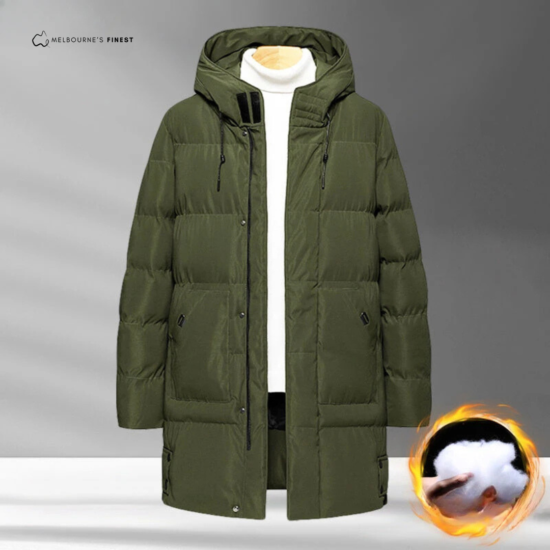 Men's longline hooded padded winter jacket with zip front and pockets