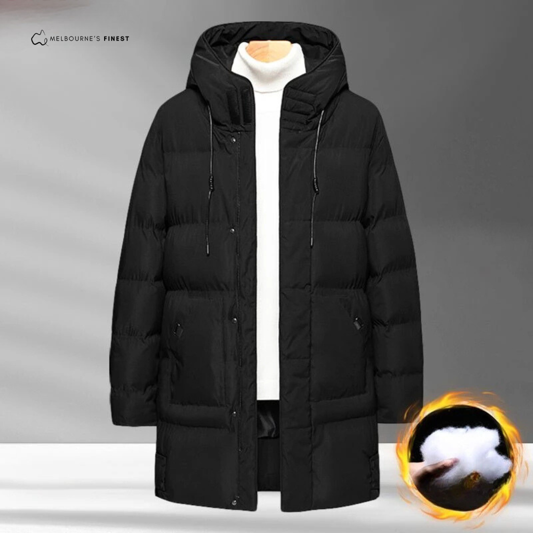 Men's longline hooded padded winter jacket with zip front and pockets