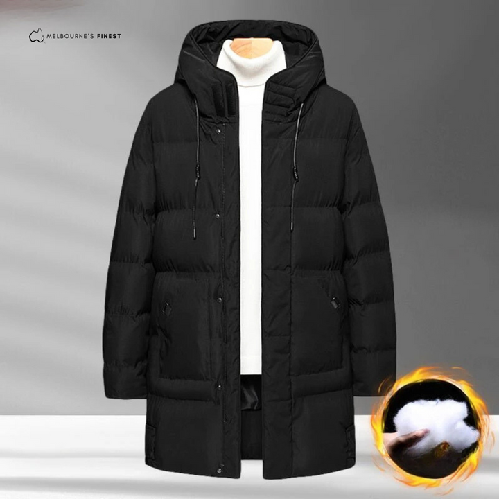 Men's longline hooded padded winter jacket with zip front and pockets
