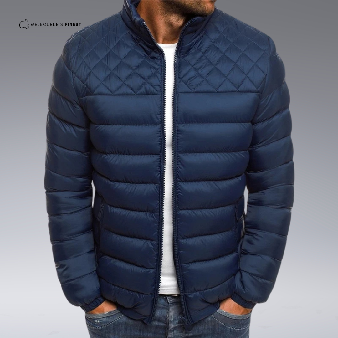 Men's quilted puffer jacket with mock neck and zip fastening