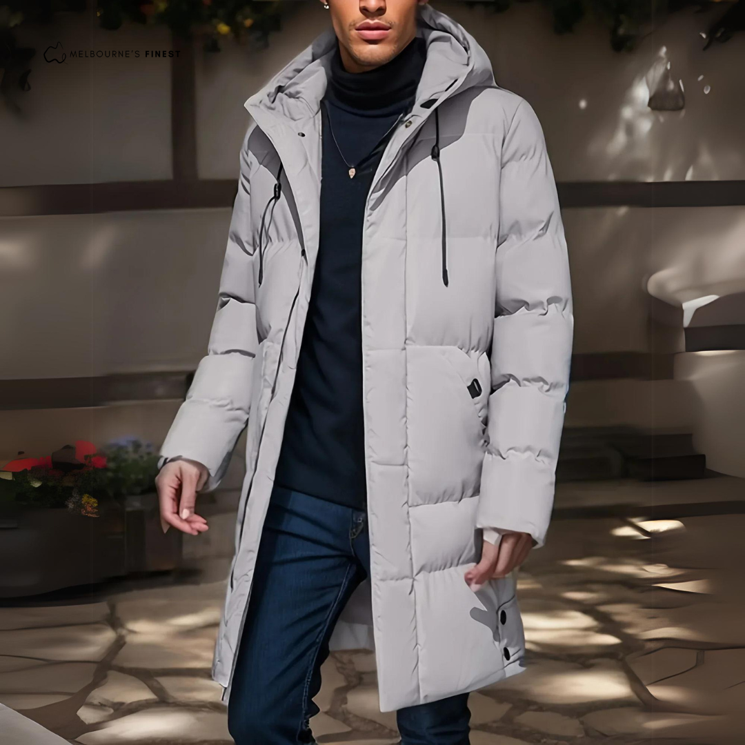 Men's longline hooded padded winter jacket with zip front and pockets