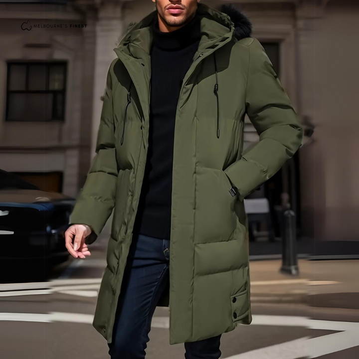 Men's longline hooded padded winter jacket with zip front and pockets