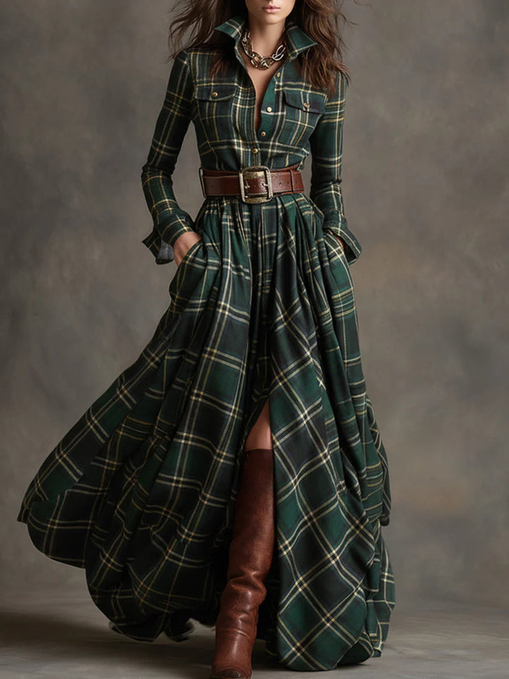 Women's plaid collared maxi dress with belt