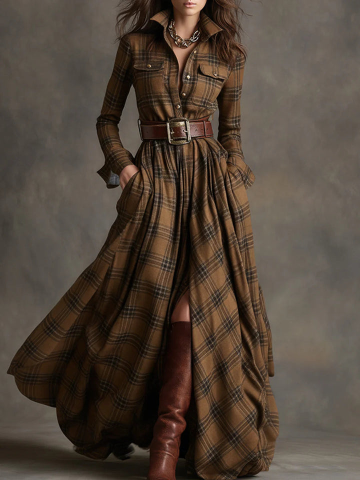 Women's plaid collared maxi dress with belt