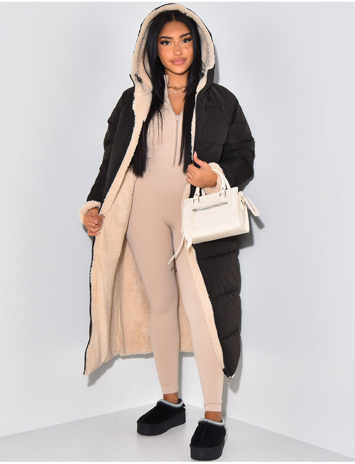 Women's reversible hooded long puffer coat