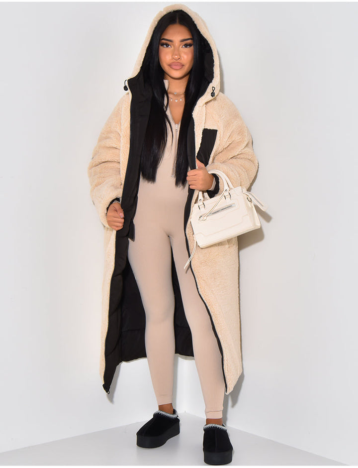 Women's reversible hooded long puffer coat