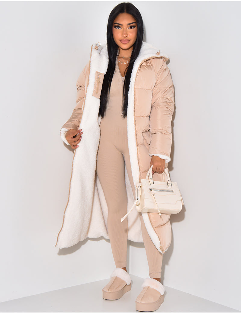 Women's reversible hooded long puffer coat