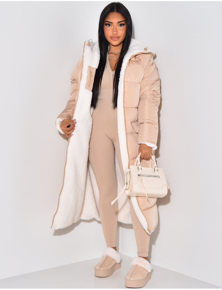 Women's reversible hooded long puffer coat