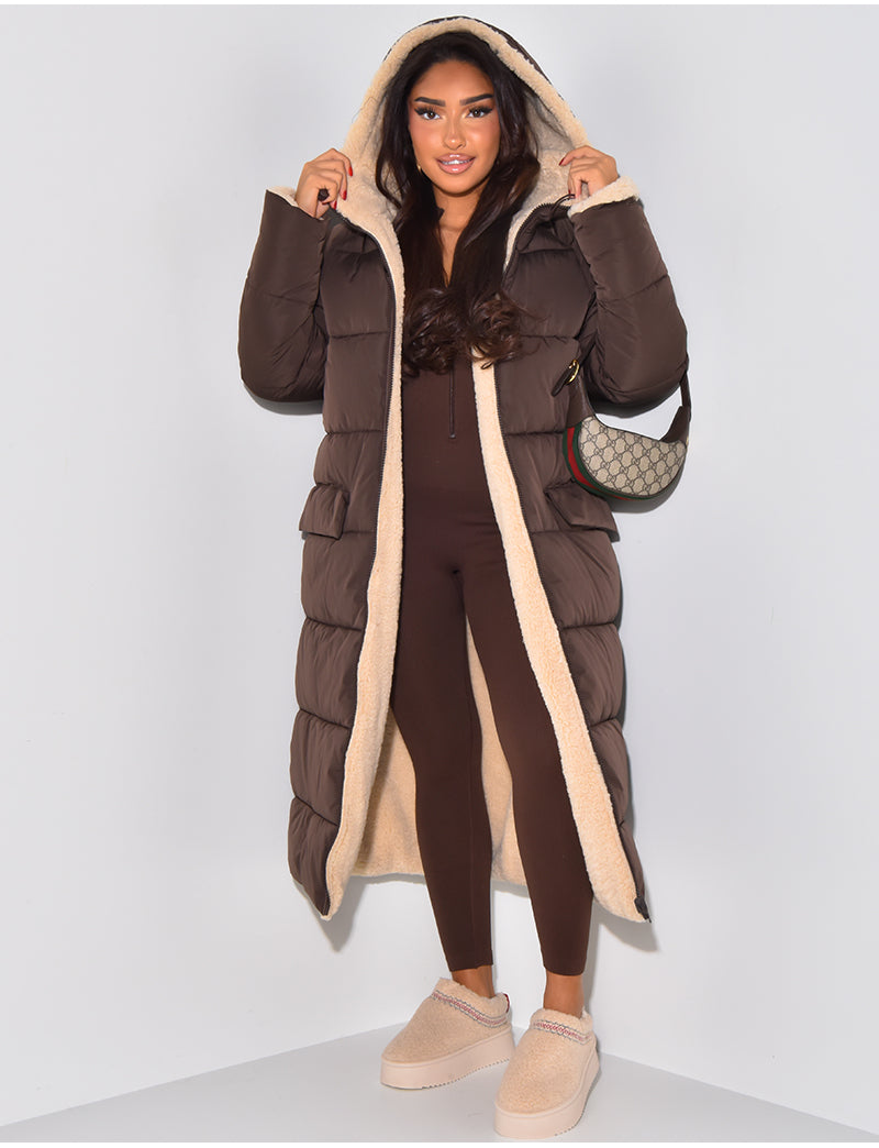 Women's reversible hooded long puffer coat