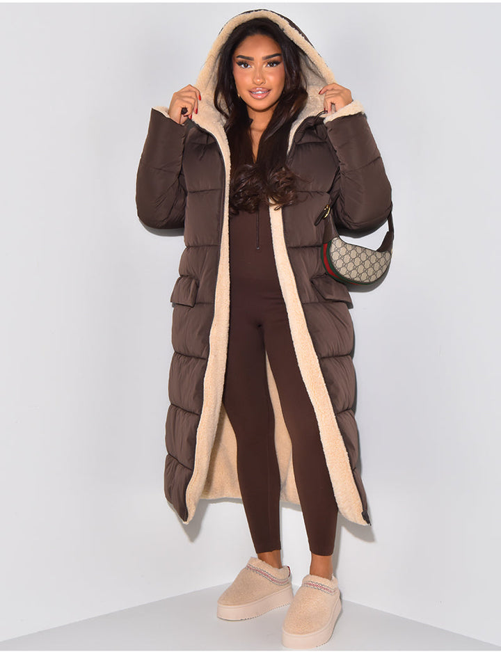 Women's reversible hooded long puffer coat