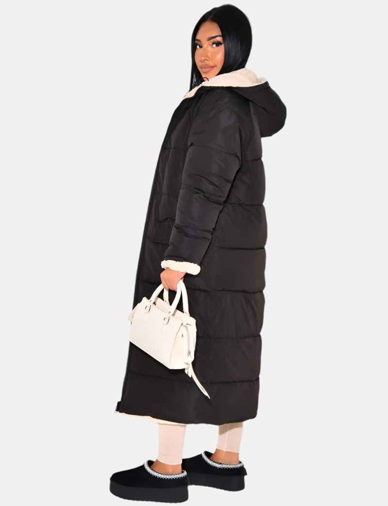 Women's reversible hooded long puffer coat