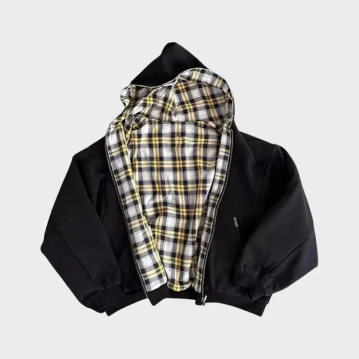 Men's reversible oversized hooded sweatshirt with plain and checkered sides