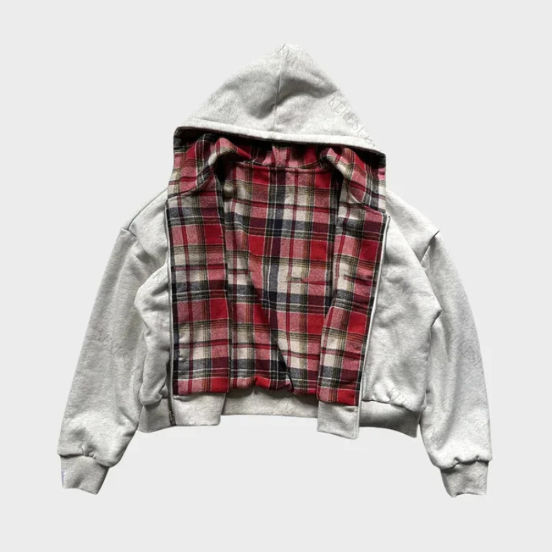 Men's reversible oversized hooded sweatshirt with plain and checkered sides