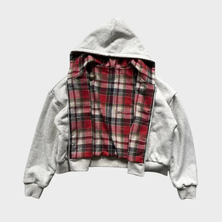 Men's reversible oversized hooded sweatshirt with plain and checkered sides
