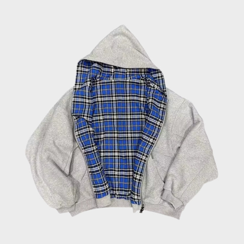 Men's reversible oversized hooded sweatshirt with plain and checkered sides