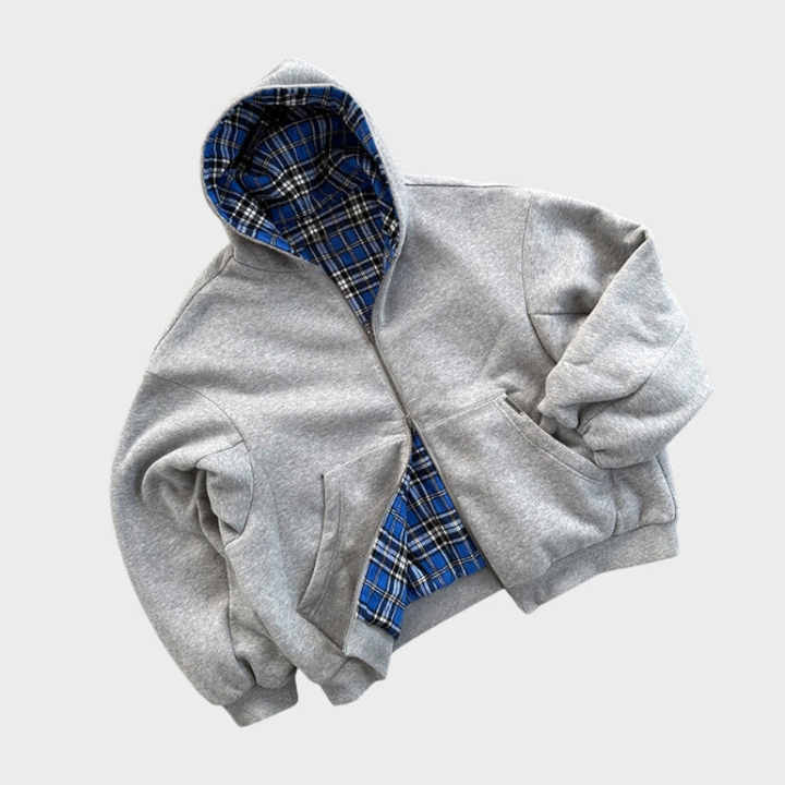 Men's reversible oversized hooded sweatshirt with plain and checkered sides