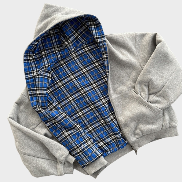Men's reversible oversized hooded sweatshirt with plain and checkered sides