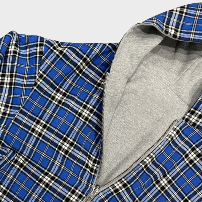 Men's reversible oversized hooded sweatshirt with plain and checkered sides