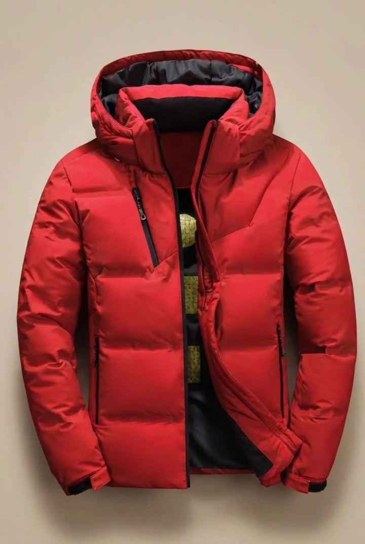 Men's hooded padded jacket with quilted panels and zipped pockets