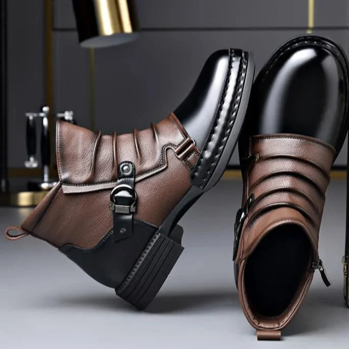 Unisex contrast-toe ankle boots with laces and buckle straps