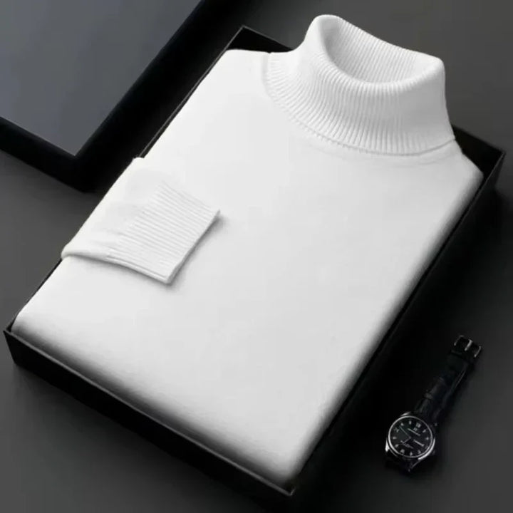 Men's ribbed turtleneck jumper folded in a presentation box