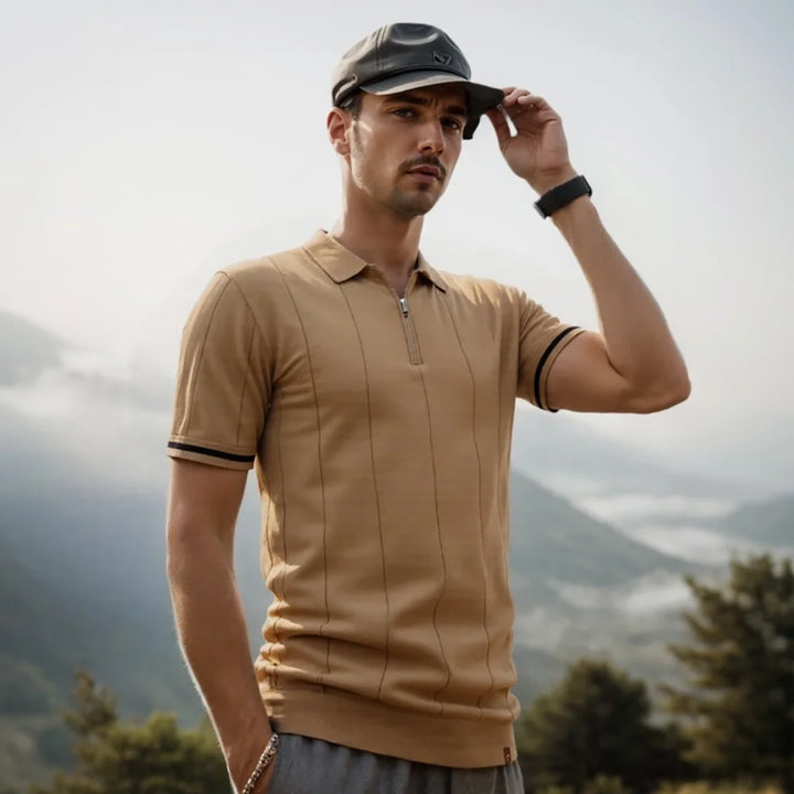 Men's short-sleeve polo shirt with half-zip collar and panel detail