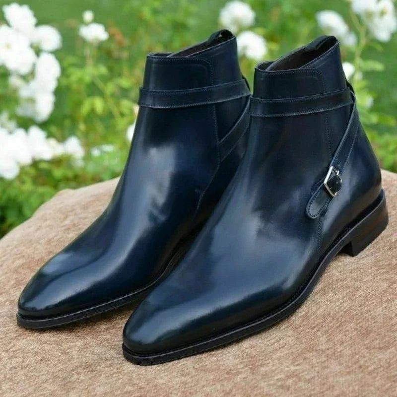 Ankle boots with pointed toes, buckle straps and low block heels