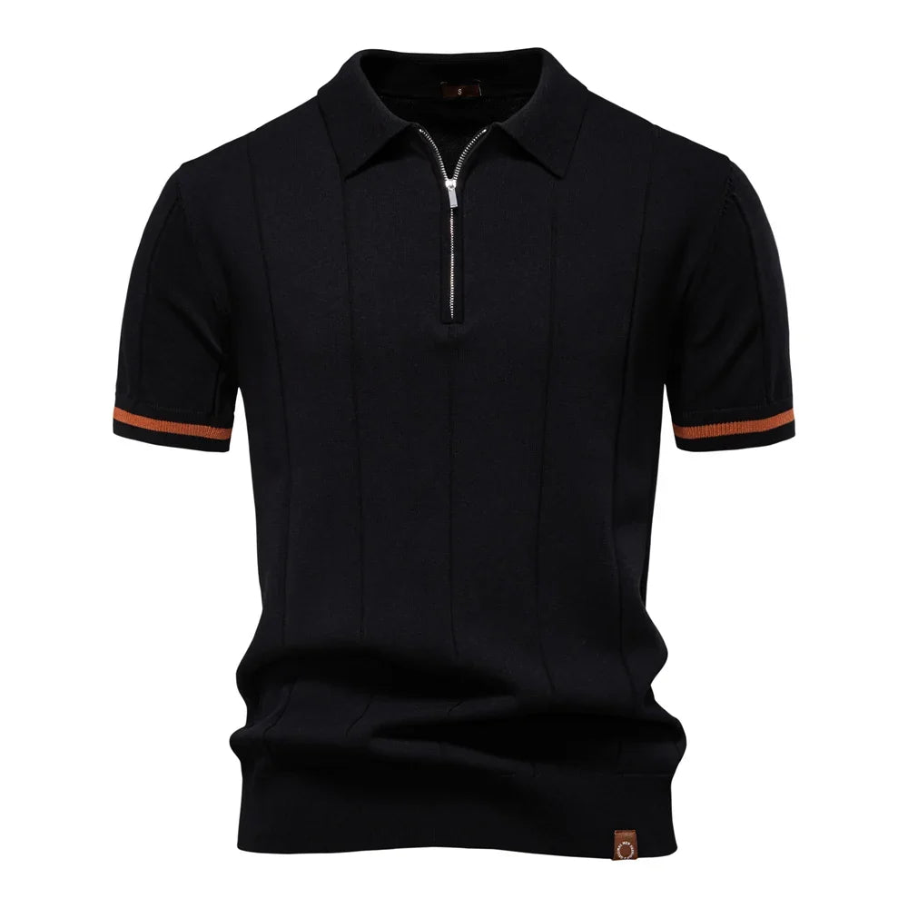 Men's short-sleeve polo shirt with half-zip collar and panel detail