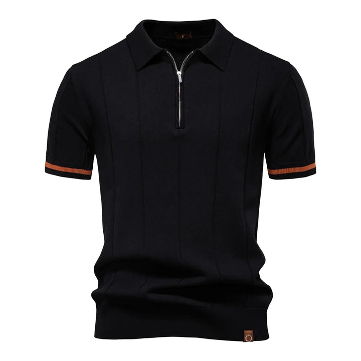 Men's short-sleeve polo shirt with half-zip collar and panel detail