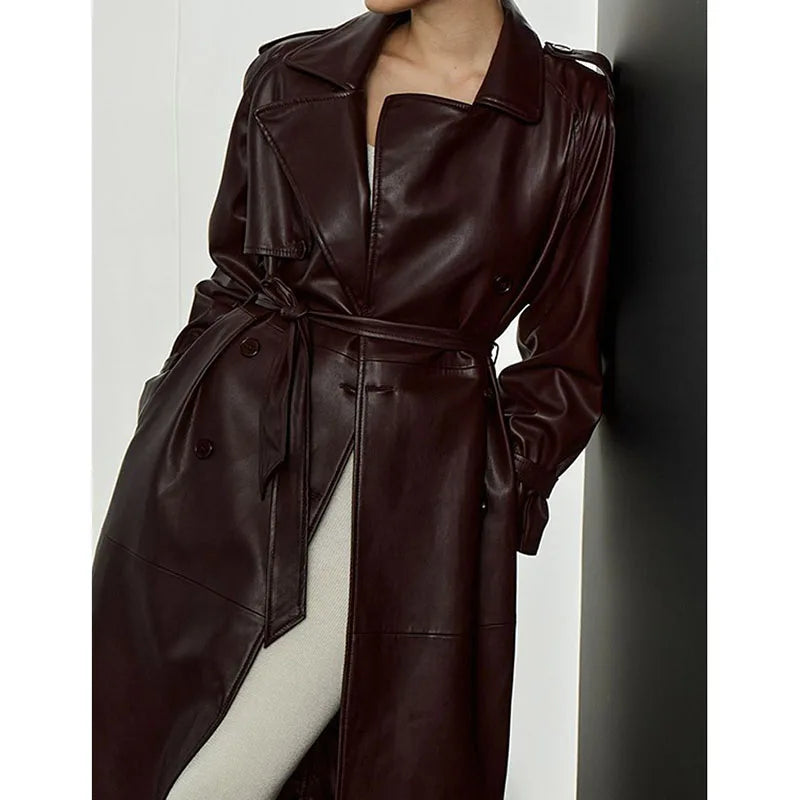 Women's long wine coat with lapel collar, belt and front buttons
