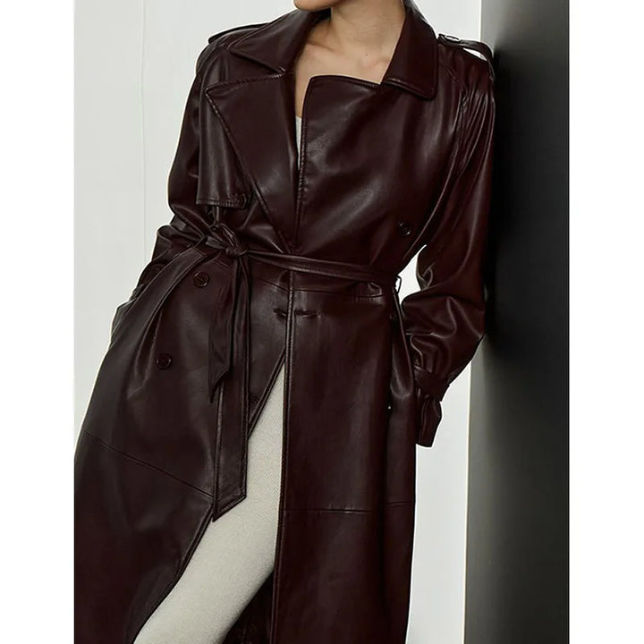 Women's long wine coat with lapel collar, belt and front buttons