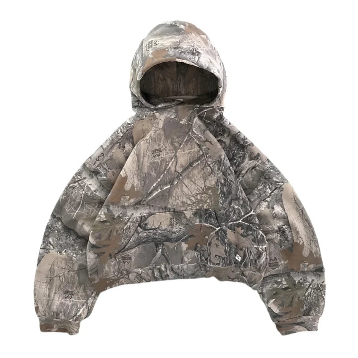 Camouflage hooded sweatshirt with full front zipper and cropped fit