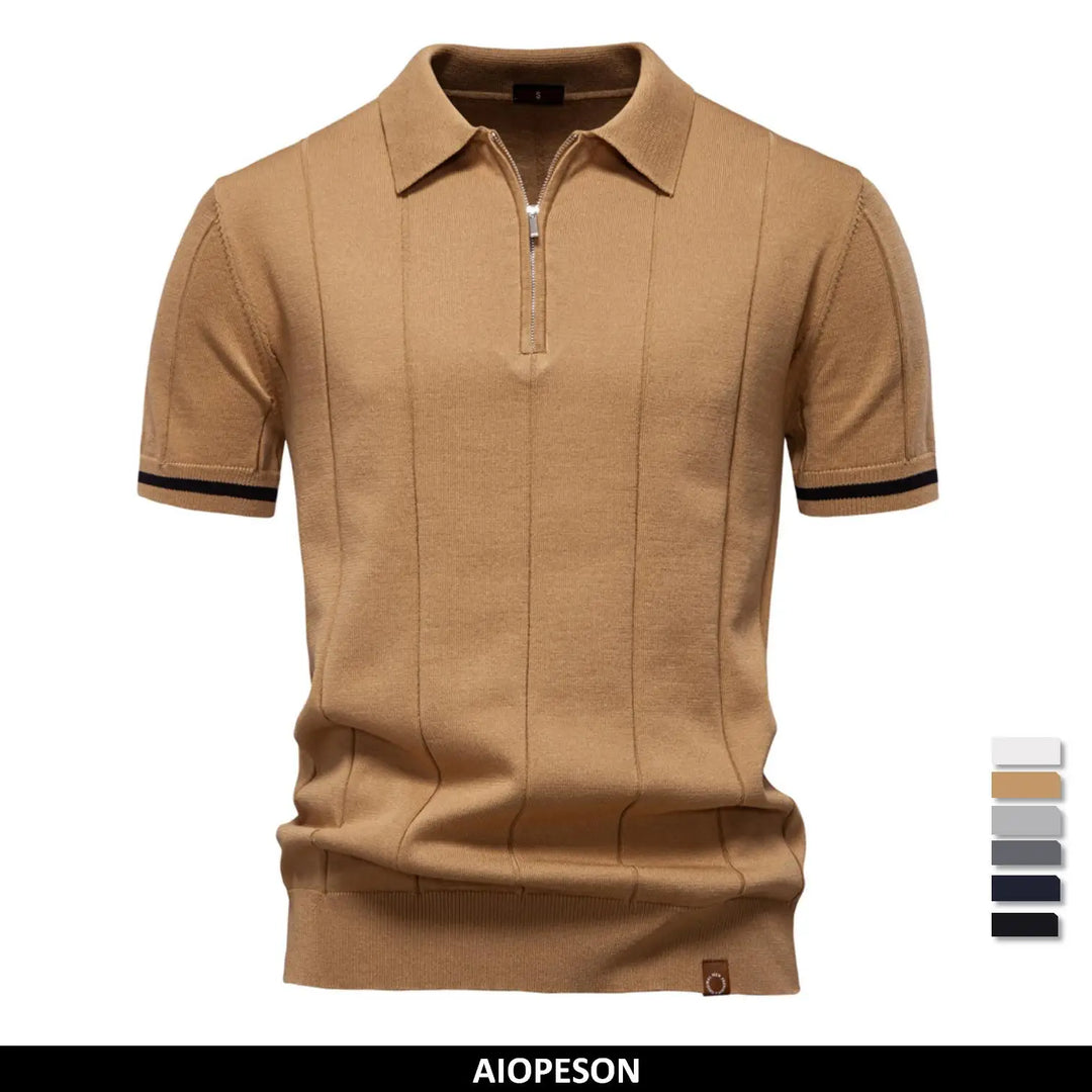 Men's short-sleeve polo shirt with half-zip collar and panel detail