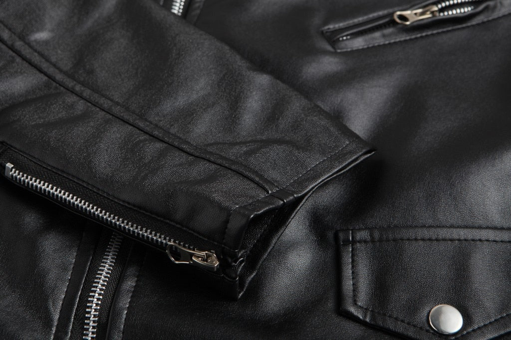 Men's biker jacket with asymmetric zip, lapel collar, zipped pockets and belted waist