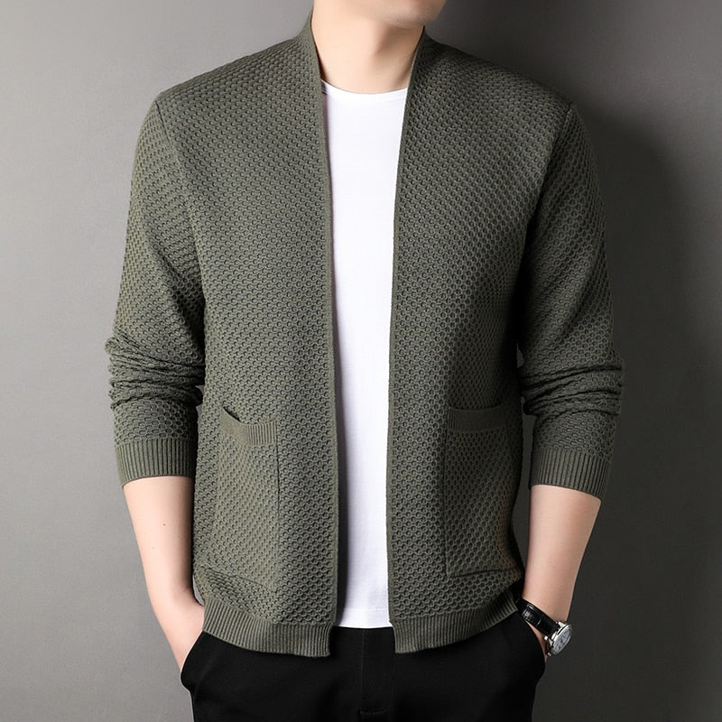 Men's textured open front cardigan with long sleeves and patch pockets