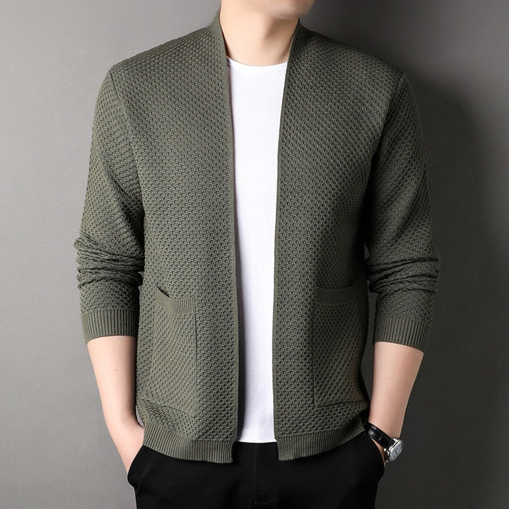 Men's textured open front cardigan with long sleeves and patch pockets