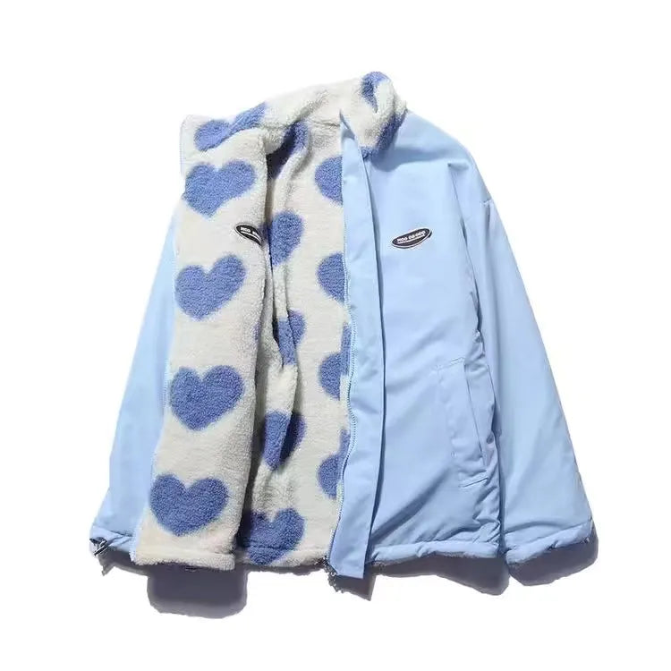Reversible hooded coat with heart-print fleece-look lining